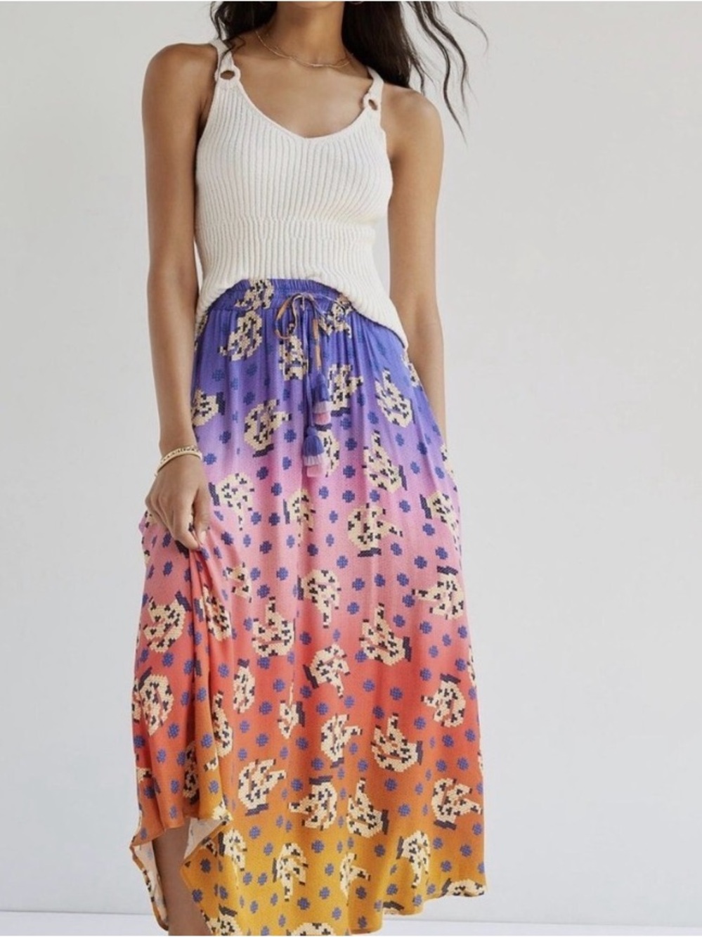 Farm Rio Colorblock Ombre Maxi Skirt with Tassel Waist Mariposa XS